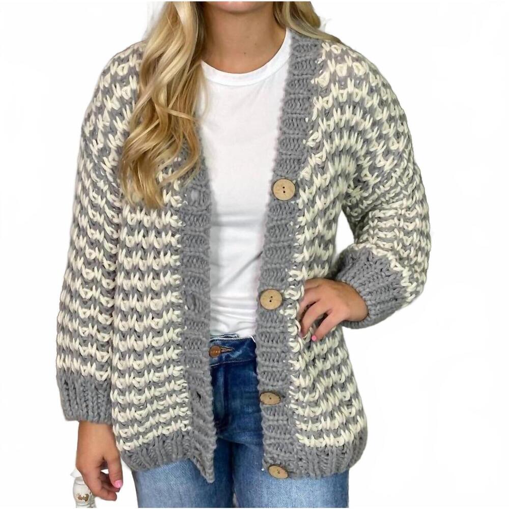 NEW BIBI chunky v-neck cardigan in grey and ivory - Picture 3 of 3